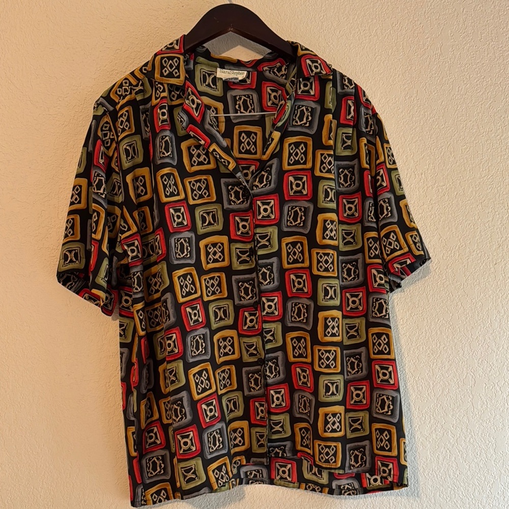 Vintage 90s Vibrant Red and Green Geometric Blouse Made in Korea